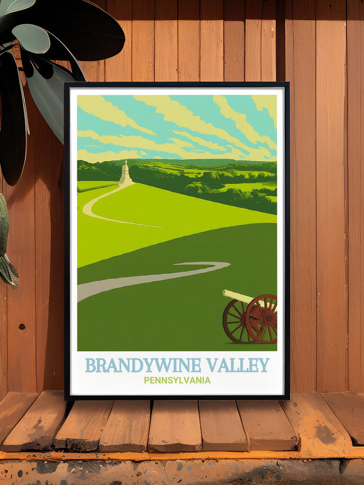 Featuring the historic Brandywine Battlefield Park and the scenic Brandywine Valley, this travel poster celebrates Pennsylvanias rich heritage and natural beauty, making it a must have for anyone who appreciates art that tells a story of both past and present.