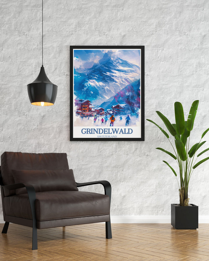 Capturing the essence of the Jungfrau Ski Region, this travel poster features the stunning landscapes and exhilarating activities that make this area a favorite among winter sports enthusiasts.