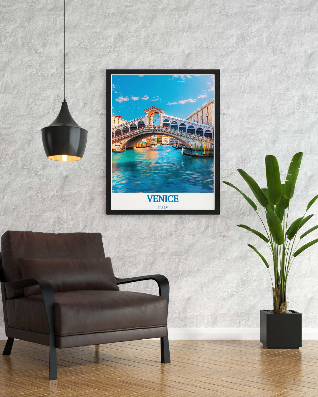 Elevate your home decor with this Venice Beach Poster paired with a detailed depiction of the Rialto Bridge offering a unique blend of California coastal aesthetics and Italian architectural beauty.