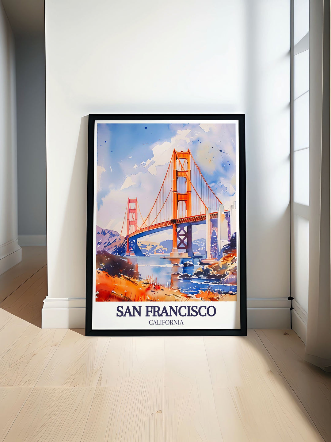 This Bay Area travel print features the majestic Golden Gate Bridge, with its towering red spans reaching across the blue waters of the San Francisco Bay. A beautiful representation of the West Coasts unique charm.