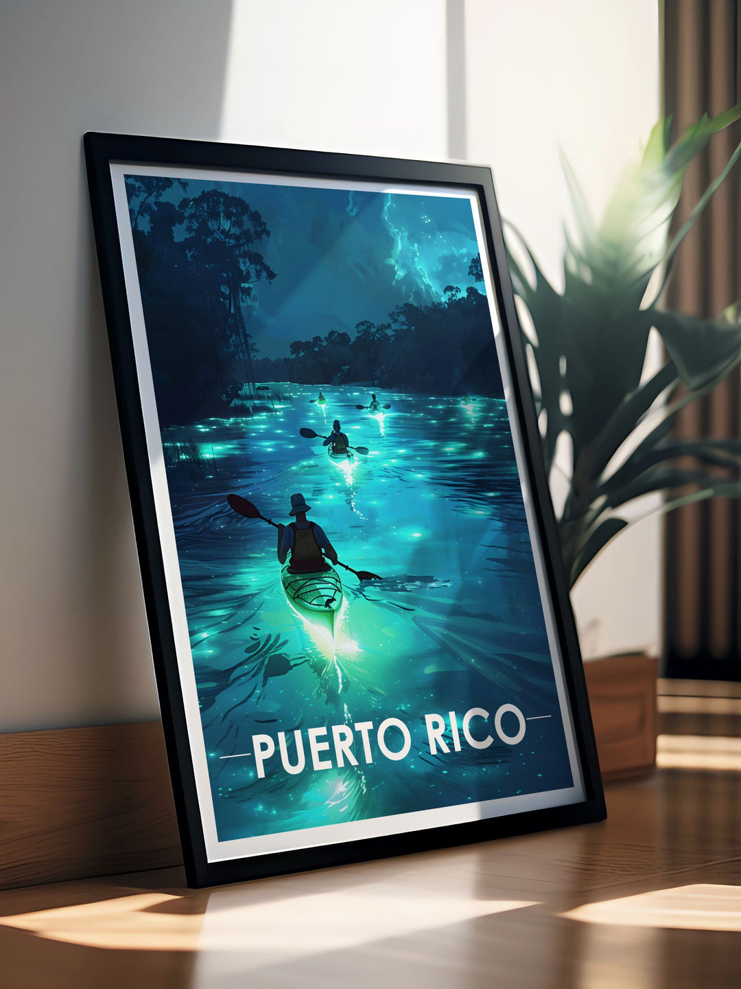 Enchanting Arecibo Wall Art featuring the famous Bioluminescent Lakes. This artwork captures the vibrant color palette and natural wonder of Arecibo, making it a must have for anyone who appreciates the beauty of Puerto Rico and unique travel experiences.