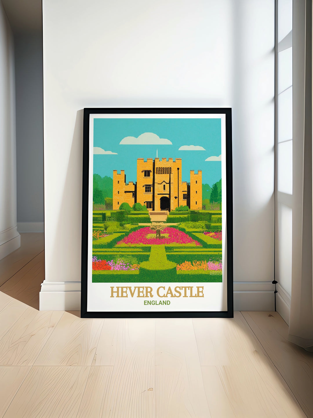 Travel poster of Hever Castle Gardens showcasing the historic charm and beauty of one of Englands most beloved landmarks perfect for home decor and art collectors