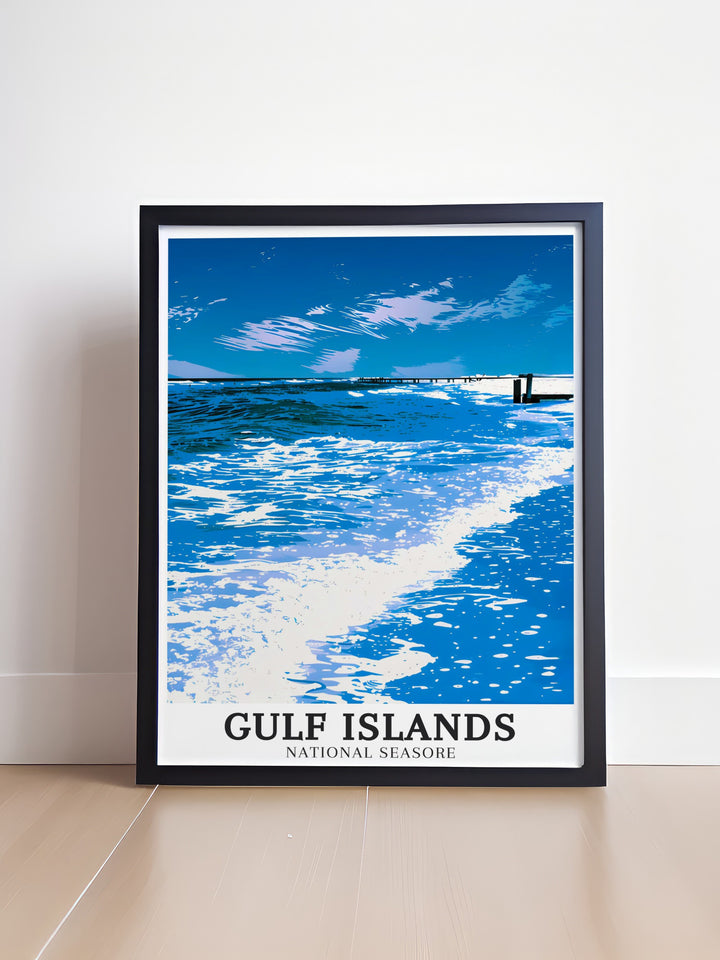 The Fort Pickens vintage poster offers a nostalgic look at one of Floridas most iconic historical sites. With its classic design and rich details, this poster brings the forts historic architecture to life, making it an ideal choice for those who love both history and beach decor.