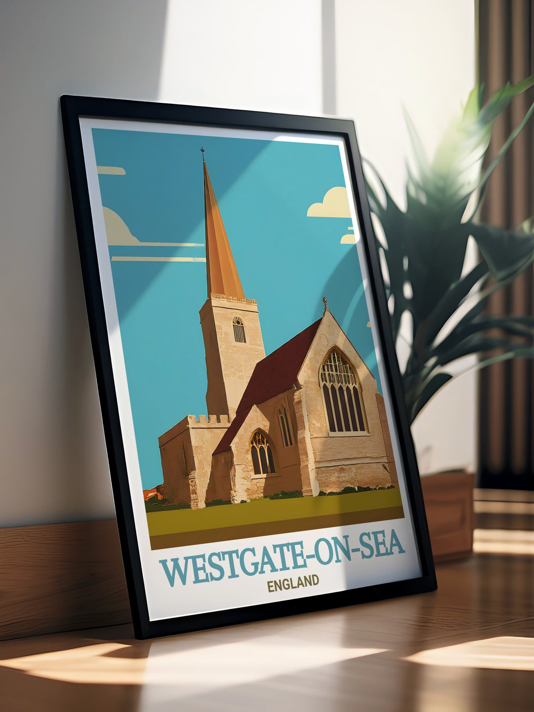 Highlighting the scenic beauty of Westgate on Sea and the architecture of St. Saviours Church, this Kent wall art captures the essence of coastal charm. Ideal for home décor or as a gift, this travel print is a must have for lovers of Kent.