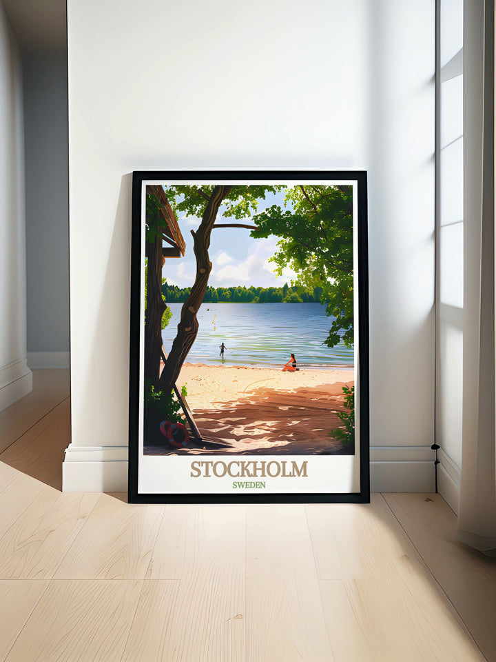 Discover the serene beauty of Stockholm with our Smedsuddsbadet print featuring a fine line illustration of this tranquil oasis perfect for elegant home decor and thoughtful gifts ideal for living room decoration and modern art enthusiasts