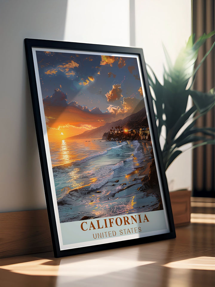 California travel wall art featuring Malibu a captivating poster that brings the spirit of Californias coastal paradise into your home perfect for modern or vintage decor styles adds sophistication and elegance to any space