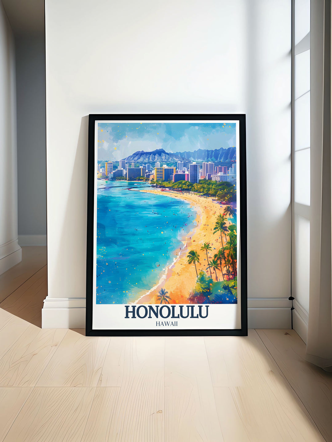 Fine art print of Honolulu featuring the stunning Waikiki Beach in Hawaii. This poster captures the beachs vibrant atmosphere and serene beauty, perfect for lovers of tropical destinations and island culture.