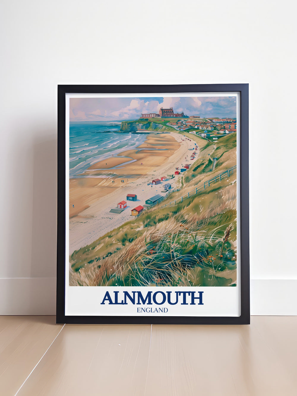 The Alnmouth Beach canvas print features the sweeping views of the Northumberland Coast, offering a beautiful portrayal of the regions natural beauty. This travel poster is ideal for those who want to add beach decor to their living space or office.