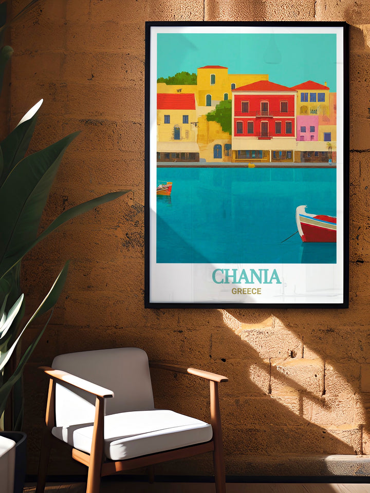 Add a piece of Greeces rich history to your home with this elegant art print, showcasing the serene setting of the Venetian Harbor in Chania. Ideal for enhancing your decor with a touch of Mediterranean beauty.