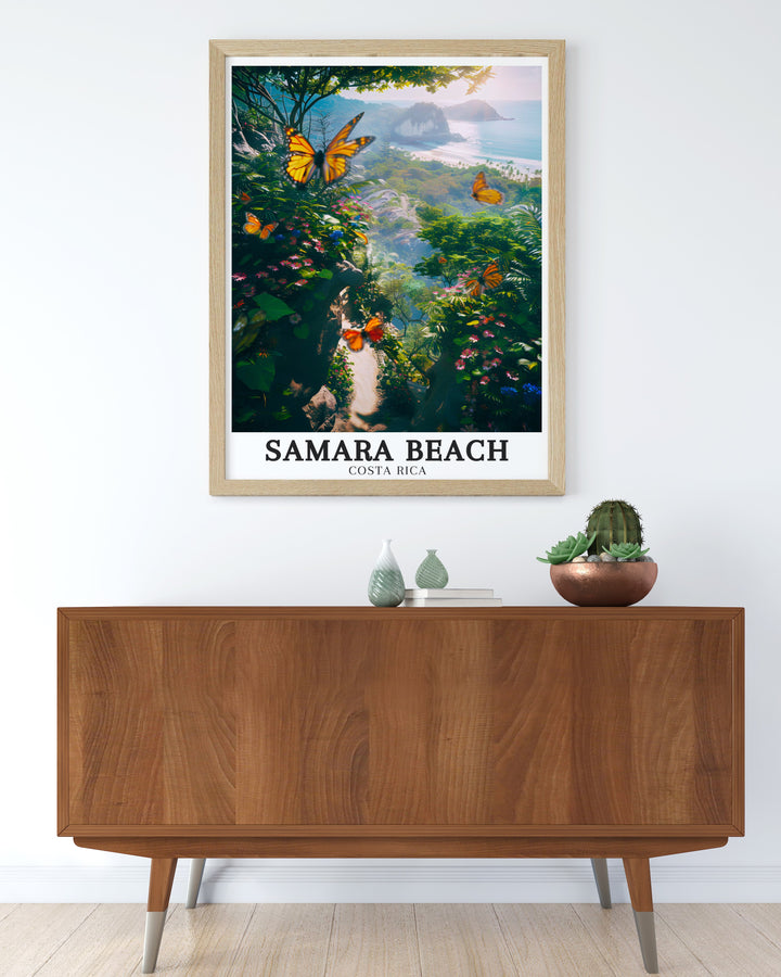 The Samara Beach travel print showcases Costa Ricas coastal beauty, with the lush Osa Conservation Area and the whale tail shaped beach at Marino Ballena National Park. This artwork is ideal for those who love tropical landscapes and adventure.