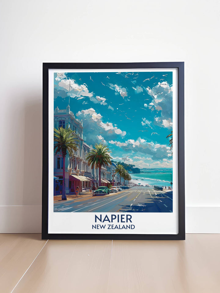 Beautiful Framed Marine Parade Print showcasing the coastal charm of Napier with vibrant colors and intricate details perfect for adding sophistication to any room