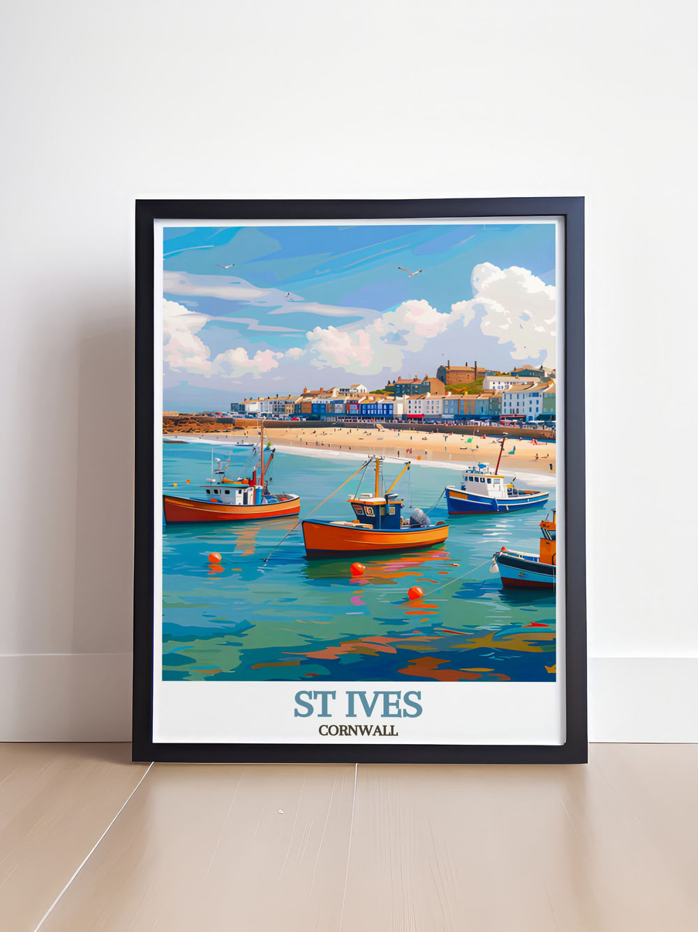 The vibrant scenes of St Ives Harbour are depicted in this travel poster, showcasing the natural beauty and cultural richness that define Cornwall.