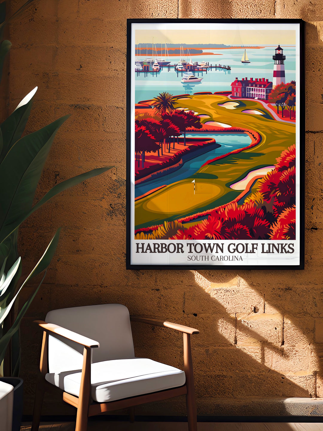 The Sea Pines Resort and its renowned 18th hole are showcased beautifully in this travel poster. Ideal for those who love golf and seaside resorts, this canvas art celebrates the charm and allure of Harbor Town Golf Links.