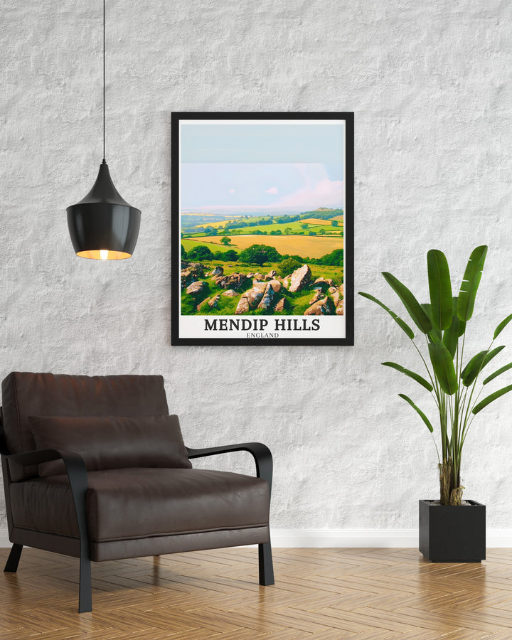 This Mendip Hills wall art captures the rolling hills, scenic views, and iconic peaks of the Mendip Hills, Crook Peak, and Compton Hill. Perfect for anyone who loves the English countryside, this artwork brings a touch of nature into your living space.