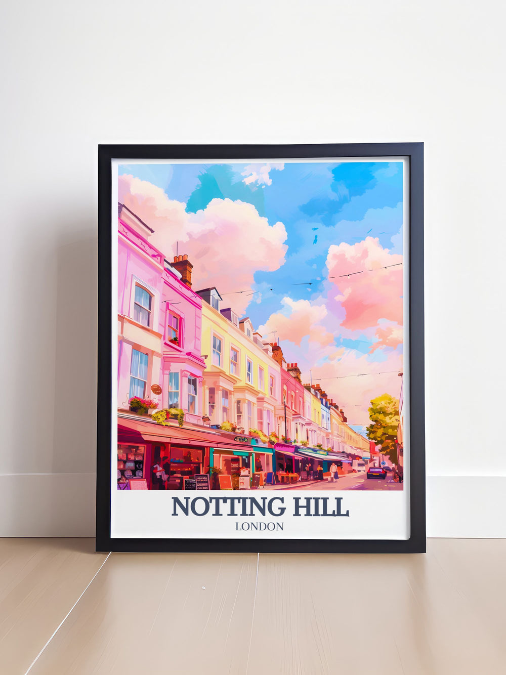 A Portobello Road Travel Print showcasing the vibrant life of Notting Hill. This colorful artwork is perfect for those who have fond memories of Londons famous market or want to add a touch of British charm to their living space.