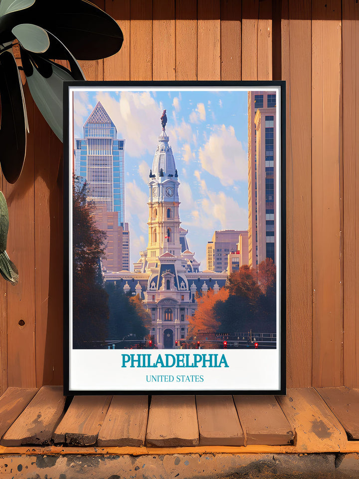 Capture the essence of Philadelphias history and architecture with this travel poster of City Hall, highlighting its role in the citys vibrant life.