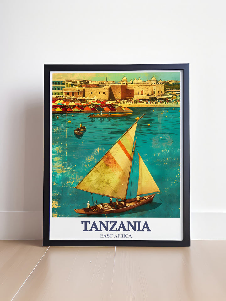 Our travel print of Zanzibars Old Town offers a glimpse into the islands rich cultural past. The intricate details and vibrant colors make this artwork an excellent addition to your home decor, offering a window into Tanzanias architectural and historical wonders.