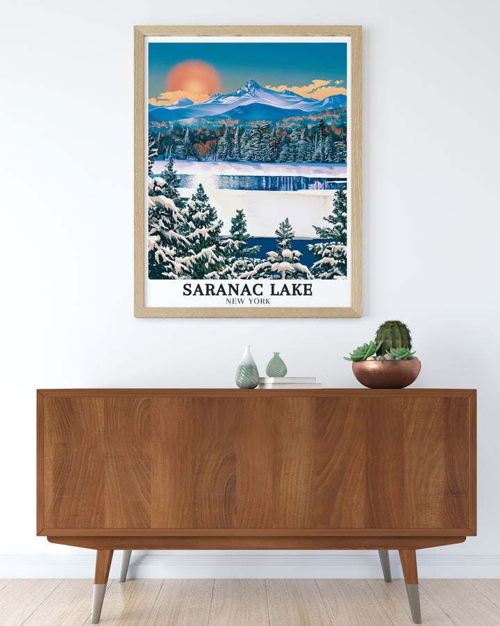 Enjoy the serene beauty of Saranac Lake with this artwork highlighting Mount Baker and Adirondack Mountains A perfect addition to any New York State decor this print brings a calming nature inspired touch to your living room or bedroom