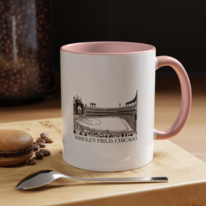 A premium Wrigley Field Chicago mug displaying the stadiums scenic landscapes in vibrant detail. Made from durable ceramic, dishwasher and microwave safe, combining practicality with artistic expression for everyday enjoyment or special occasions, celebrating Wrigley Fields unique spirit.