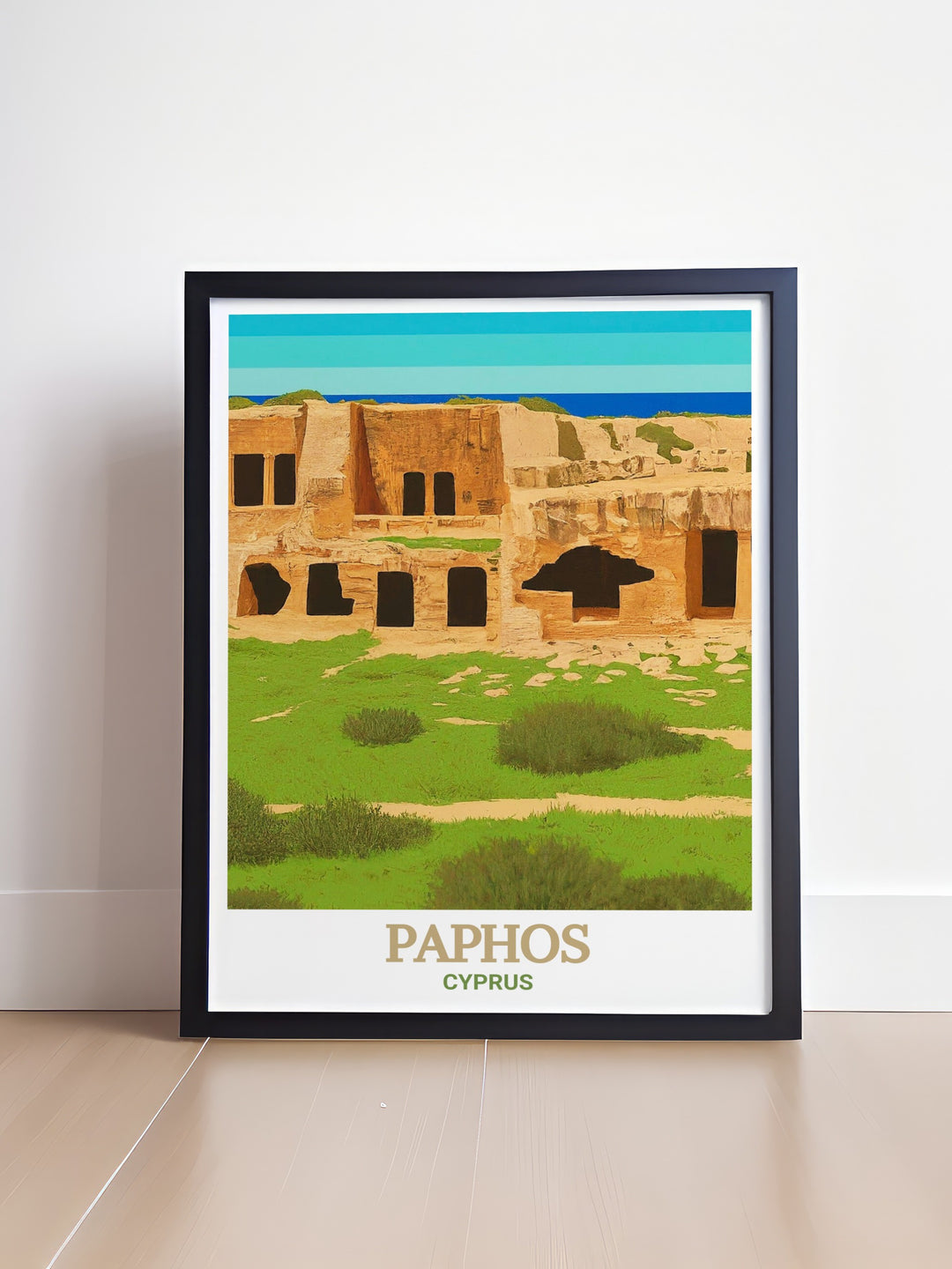 Step into the world of ancient Cyprus with this vintage poster of the Tombs of the Kings, capturing the romance and history of the island. The retro inspired design and muted tones evoke a sense of nostalgia for the islands timeless stories.