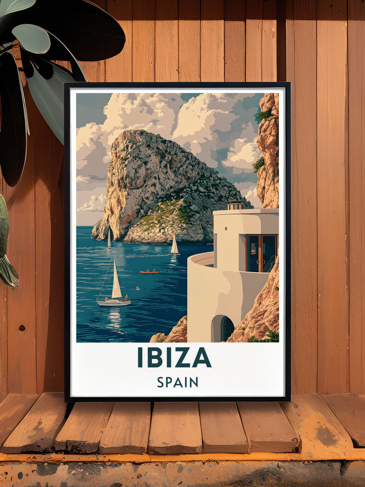 Highlighting the serene beauty of Es Vedrà, this travel poster captures its rugged cliffs and tranquil waters. Perfect for those who appreciate natural wonders, this artwork brings the essence of Ibiza into your living space.