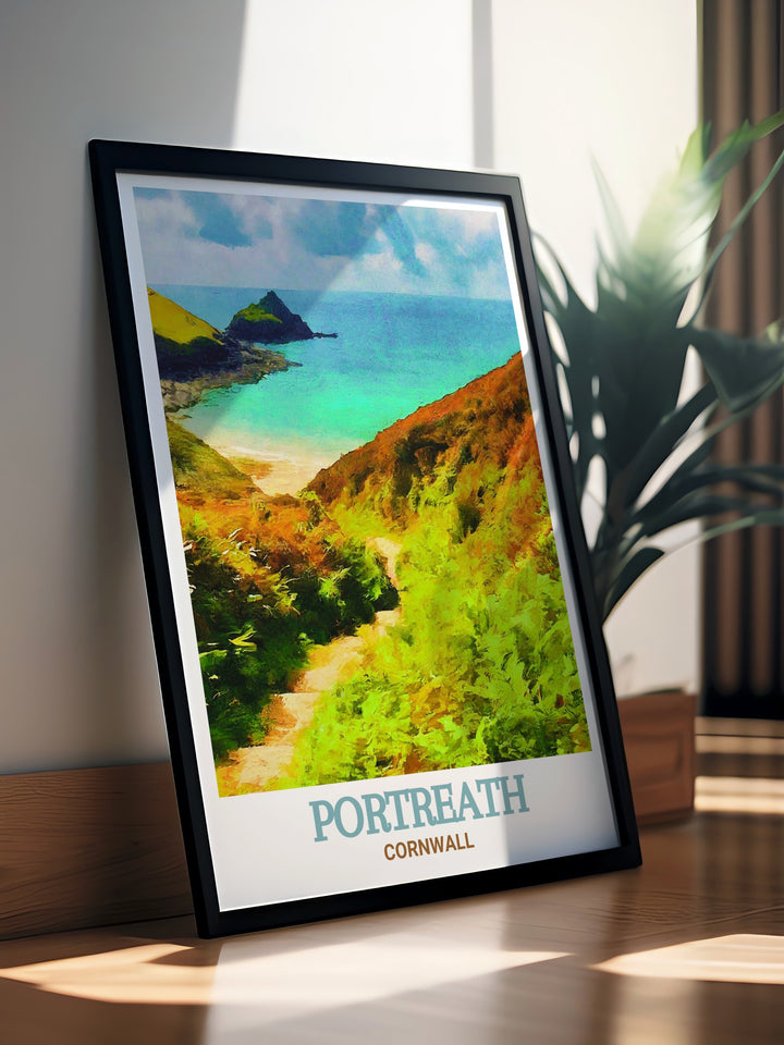 The scenic beauty of Portreath, with its sandy beach and charming harbor, is captured in this detailed print. The artwork reflects the peaceful ambiance of the village, making it a perfect choice for those who love Cornwalls coastal landscapes. Bring the serenity of Portreath into your home with this stunning piece.