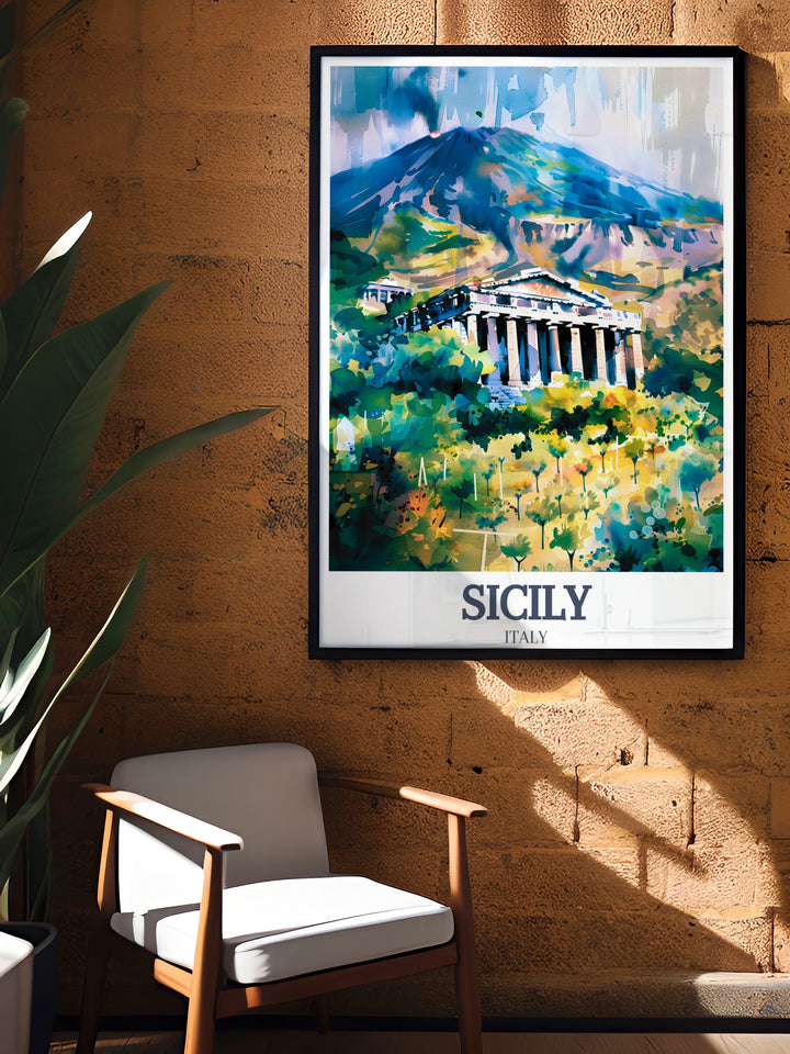 Showcasing the Valley of the Temples and Mount Etna, this Sicily travel print offers a unique perspective on one of Italys most famous regions. Perfect for home décor, the vibrant colors and intricate details make this poster a great addition to any art collection.