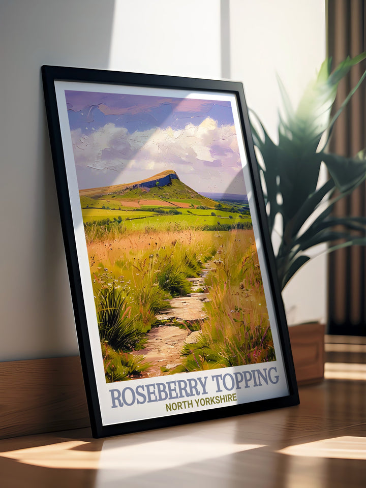 Commemorate your love for hiking and adventure with this Roseberry Topping travel poster. Featuring the iconic peak within the North York Moors National Park, this print is perfect for nature lovers and travelers alike.