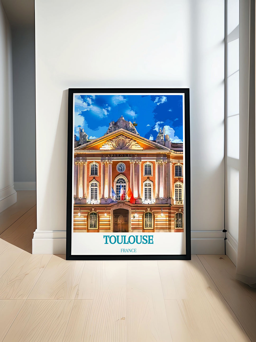 Capture the majestic architecture of Capitole de Toulouse with this vibrant travel poster, showcasing its historic grandeur and intricate details.