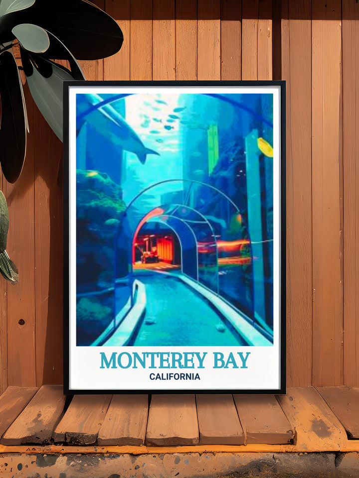 Beautiful Monterey Bay wall art showcasing the iconic Monterey Bay Aquarium in California. Perfect for nature lovers and art enthusiasts. This detailed artwork brings the tranquility and splendor of the aquarium to life.