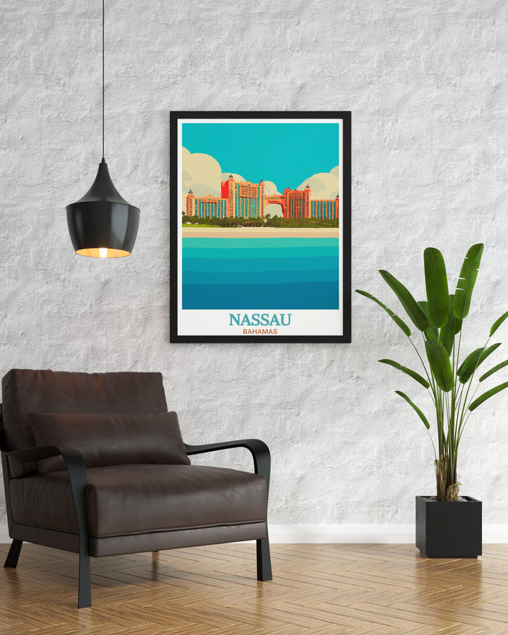 Nassau Wall Art featuring Atlantis Resort in the Bahamas, capturing the breathtaking views of the resort, surrounded by the crystal clear waters of the Caribbean. Perfect for any space, this artwork invites the viewer to imagine themselves relaxing on the beaches of Nassau.