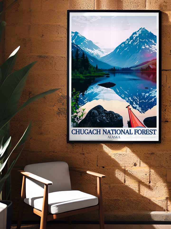 Capture the essence of Alaskas wilderness with this Chugach National Forest art print. Featuring the serene Lost Lake and towering Kenai Mountains, this travel poster is perfect for nature lovers and adventurers alike.