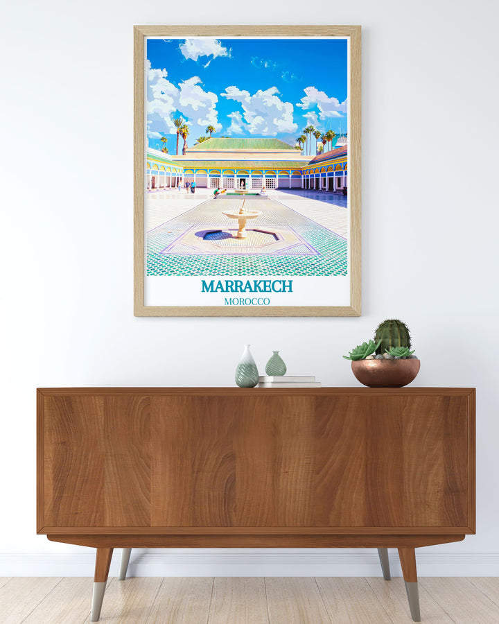 Featuring the exquisite Bahia Palace, this poster offers a visual representation of one of Moroccos most beautiful landmarks, ideal for art and architecture enthusiasts.