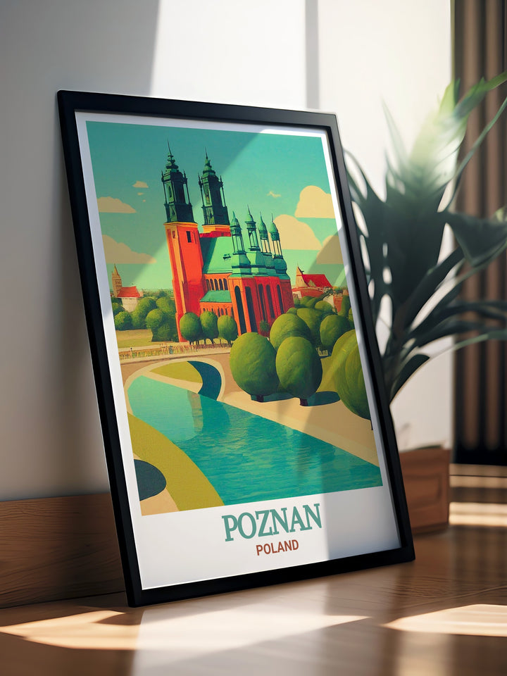 Cathedral Island framed prints offer a modern and elegant way to display the architectural beauty of Poznan perfect for enhancing your living room decor or gifting to a travel enthusiast with a love for unique Polish travel prints.