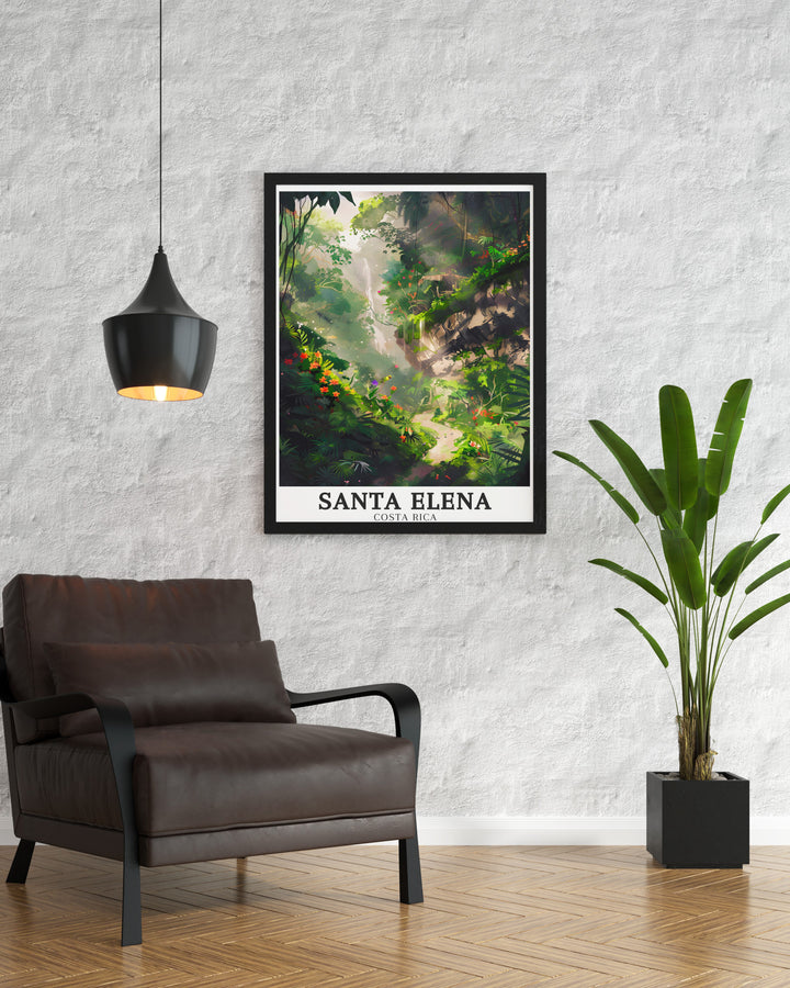 Costa Rica poster featuring Santa Elena Cloud Forest and Encantado Trail. This stunning artwork captures the natural beauty of Costa Rica making it the perfect addition to your home decor or as a thoughtful Santa Elena gift for nature and travel lovers.