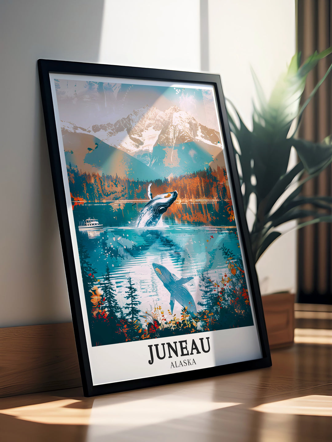 Alaska wall art featuring the stunning combination of Auke Bay and the Chilkat Mountains. This travel print beautifully illustrates the rugged beauty of Juneau, offering a timeless tribute to one of Alaskas most breathtaking regions.