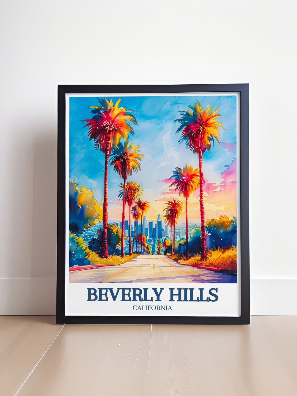 Vibrant art print of Beverly Hills, highlighting the blend of luxurious beauty and dynamic culture with Sunset Boulevard and the Los Angeles cityscape in the background. Ideal for adding a touch of Californias charm to your decor.