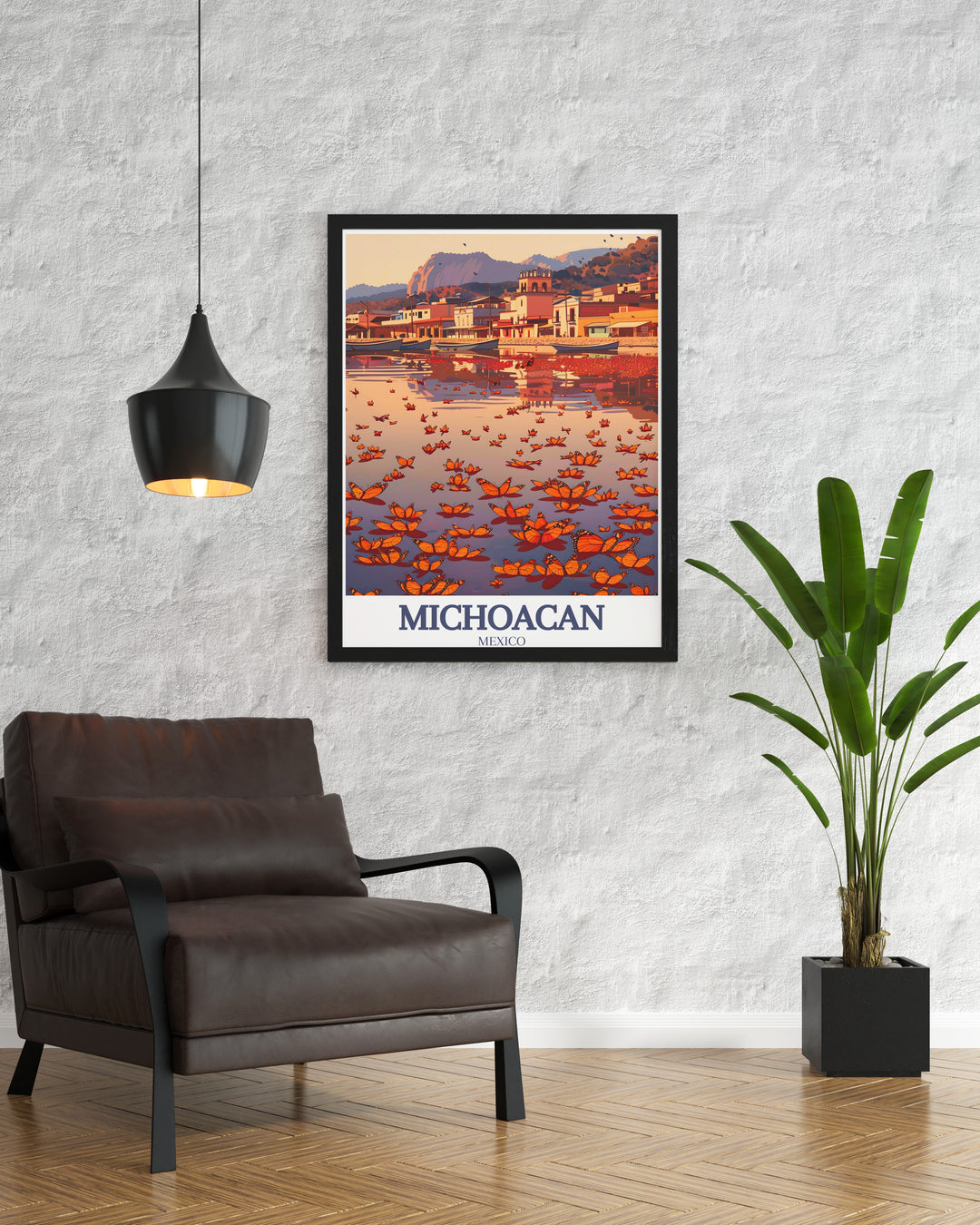 The Monarch Butterfly Biosphere Reserve and Patzcuaro Lake are beautifully depicted in this Michoacán travel print. With a colorful and vibrant design, this Mexico wall art is ideal for home décor, offering a striking representation of Michoacáns iconic landmarks in a vintage poster style.