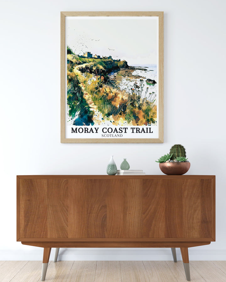 Burghead Bay Wall Art featuring the expansive coastline of Burghead, with its soft sandy beaches and gentle waves. This print is ideal for creating a calming atmosphere in any space, reflecting the peacefulness of Scotlands coastal treasures.