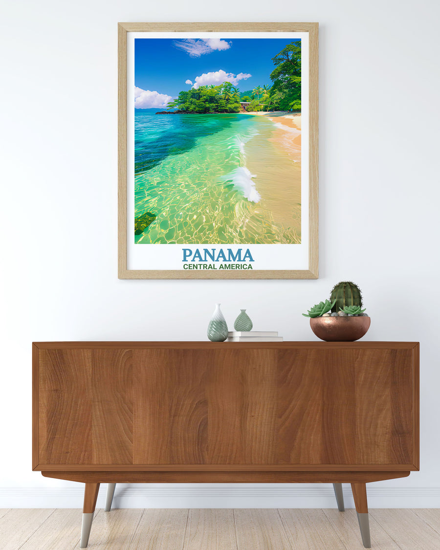 Panama Poster Print featuring beautiful views of Panama City Beach and Bocas del Toro, perfect for adding tropical charm to your coastal decor. This travel poster captures the vibrant coastline of Central America, making it a stunning addition to any beach house or vacation home.