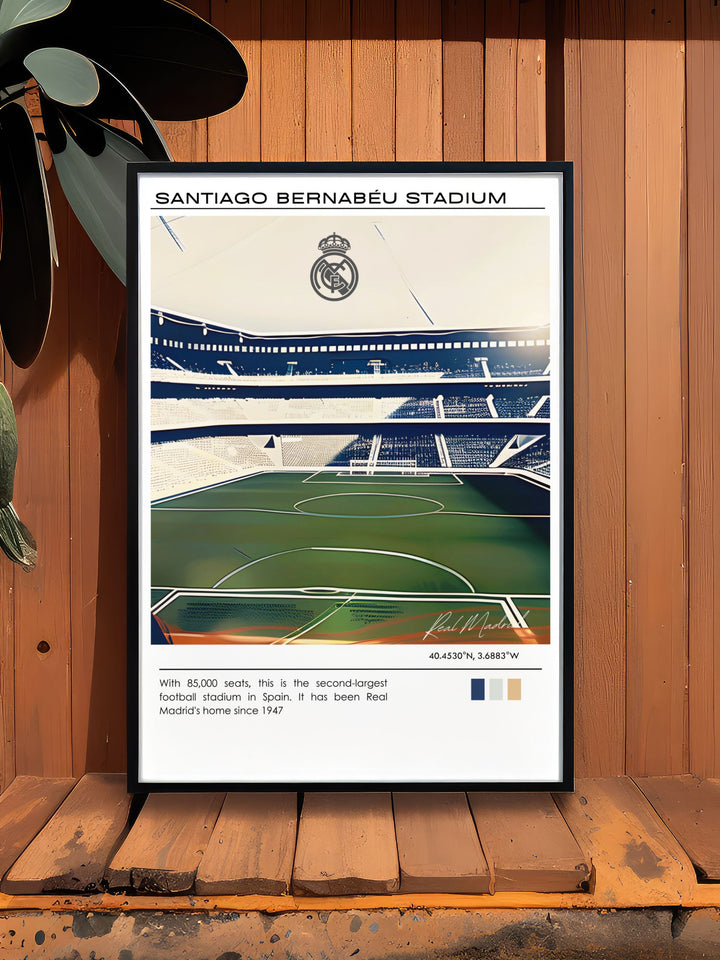 Santiago Bernabeu minimalist art print featuring Real Madrid and Jude Bellingham perfect for soccer fans looking to add a stylish touch to their space