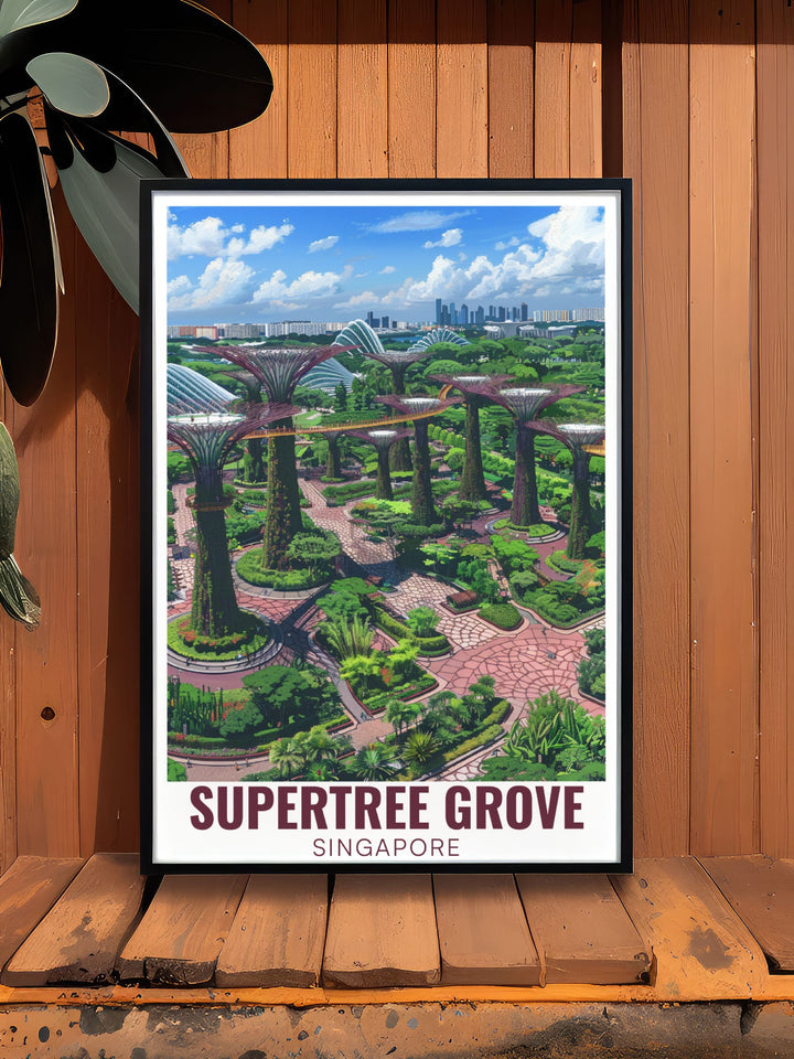 Elegant Supertree Grove art print offering a breathtaking aerial view of Singapores futuristic skyline and green spaces. This stunning decor piece adds modern charm to any home or office setting.