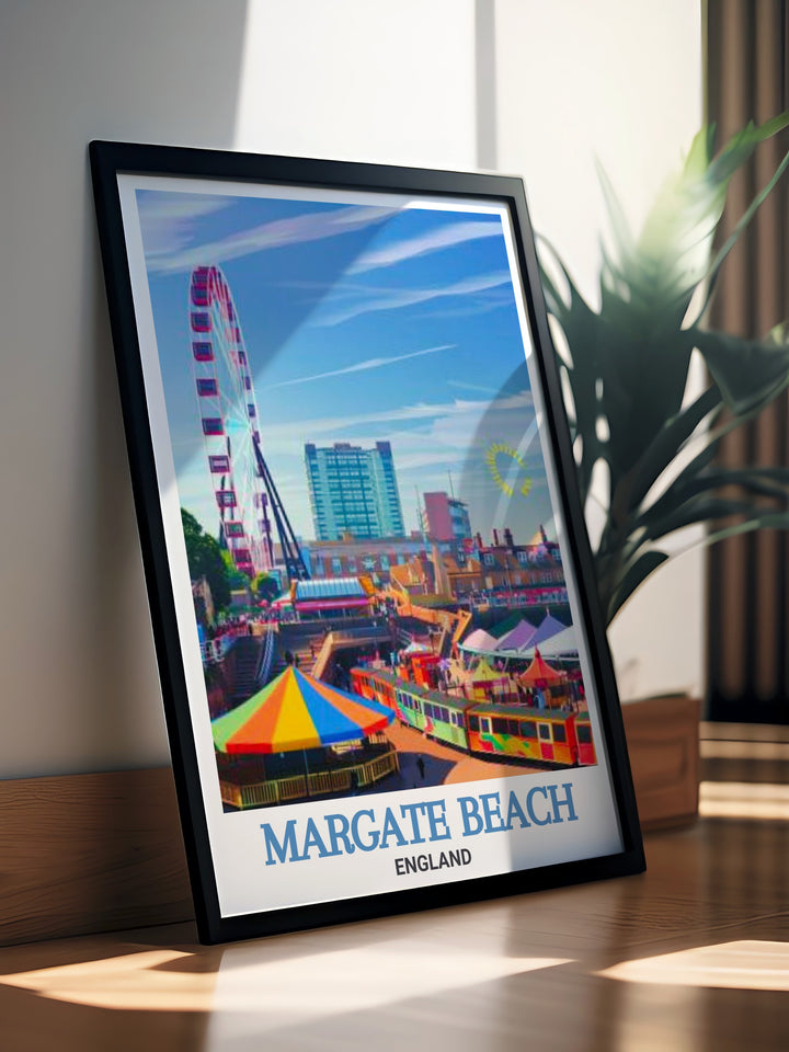 Featuring both the stunning Margate Beach and the iconic Dreamland Margate amusement park, this Margate Travel Poster offers a beautiful depiction of this beloved seaside town. Ideal for wall art, it captures the essence of English seaside charm.