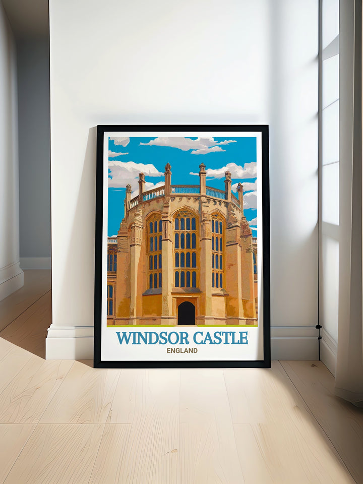 Framed art print of St. Georges Chapel, featuring intricate details of its Gothic design. This artwork is a stunning tribute to one of Britains most important royal chapels, perfect for those interested in the legacy of the British monarchy.