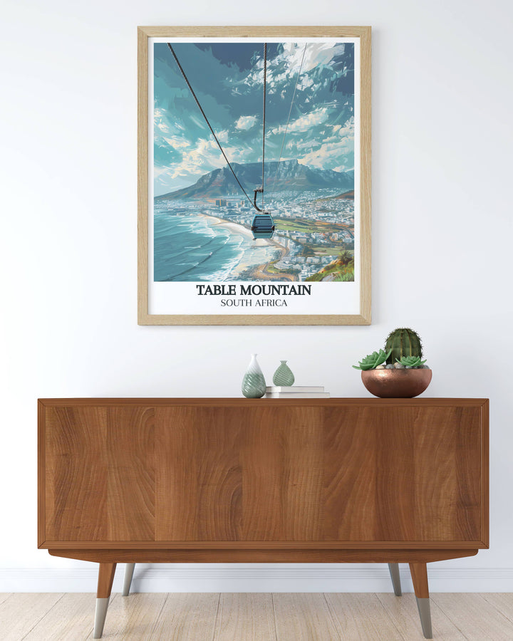 Discover the charm of retro travel posters with this South Africa Print highlighting the Table Mountain Aerial Cableway a must have for any vintage travel print collector