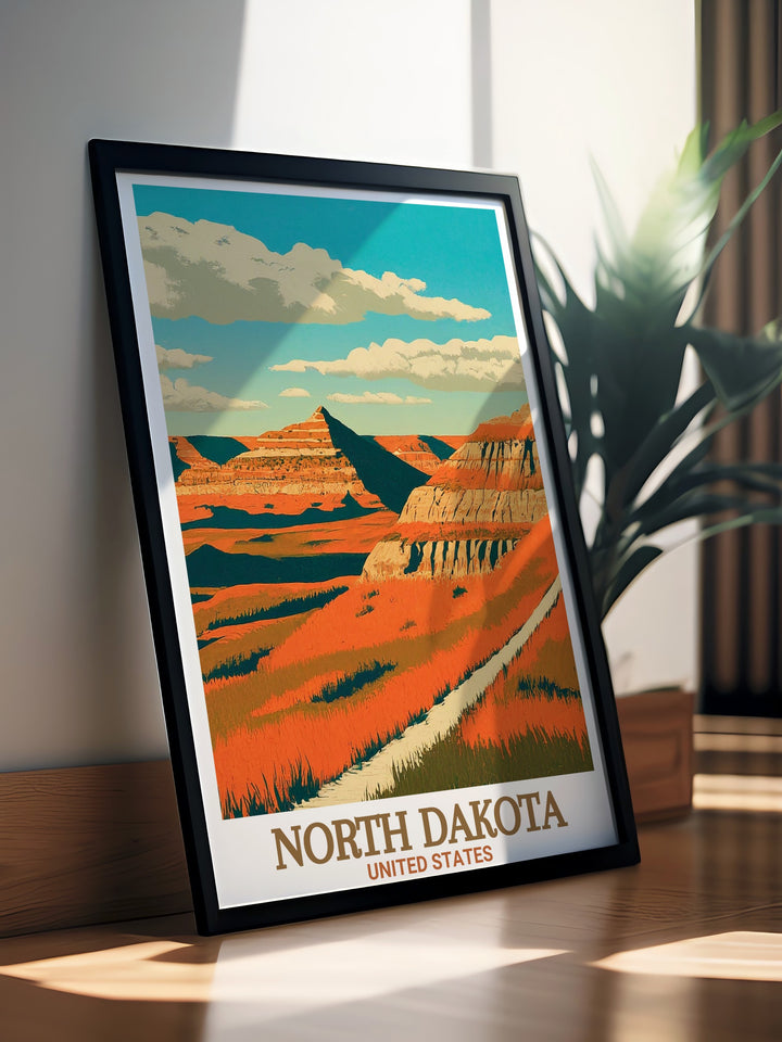 USA Travel Poster showcasing the majestic landscapes of North Dakotas Maah Daah Hey Trail. This high quality print captures the natural wonders of the trail, making it a great addition to any travel or nature themed collection. A must have for adventure enthusiasts.