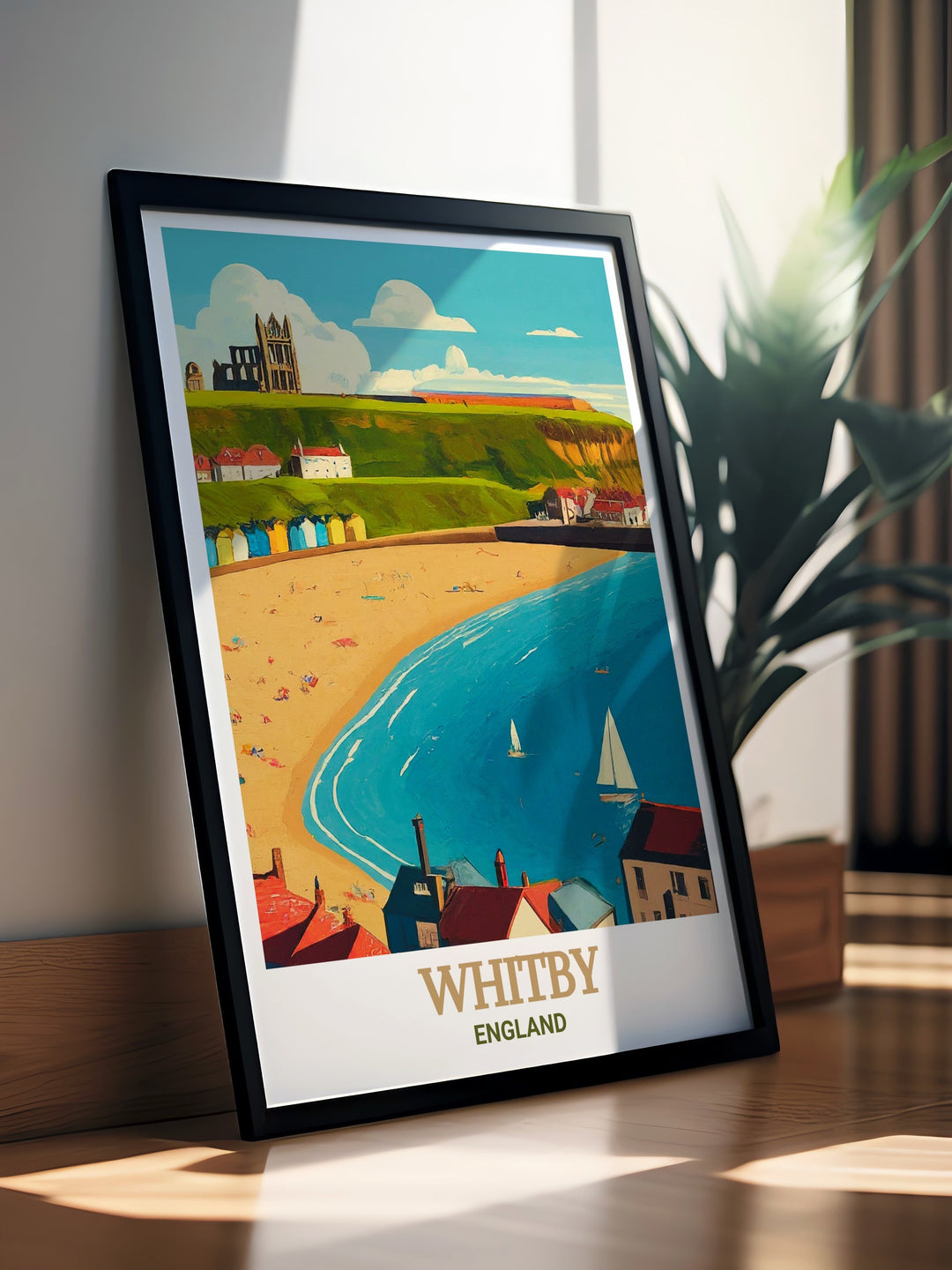 Saltburn by the Sea vintage travel print featuring the historic pier and funicular against the backdrop of the North Sea. This detailed poster is perfect for those who cherish the peaceful ambiance of British seaside towns.