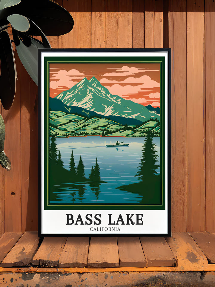 Bass Lake Poster highlighting the natural charm of Sierra National Forest Madera County an ideal wall art for homes that appreciate the blend of retro design with the breathtaking vistas of Yosemite and the surrounding Redwoods California.