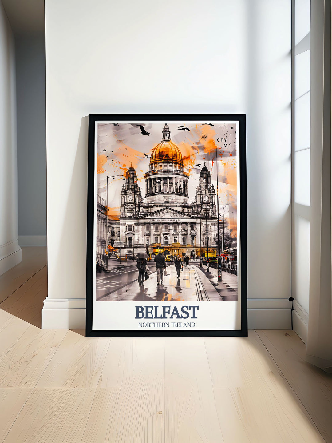 Beautiful City Hall Donegall Square travel poster showcasing the iconic Belfast landmark surrounded by the vibrant life of Donegall Square. Perfect Ireland wall art for adding a touch of UK art to your home decor or as a unique Belfast city gift.