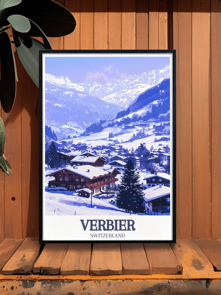 This Verbier wall poster captures the breathtaking beauty of the Verbier mountains and Verbier Village. The perfect décor piece for ski lovers, this travel print is an excellent way to bring the serene beauty of the Swiss Alps into your home.